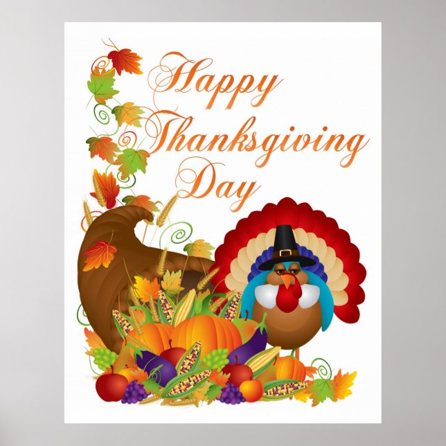 Poster Thanksgiving automne Harvest Cornucopia et Turquie (Devant)