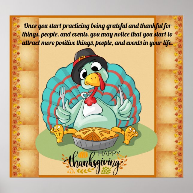 Poster Thanksgiving Day citation avec dinde et gratitude (Devant)