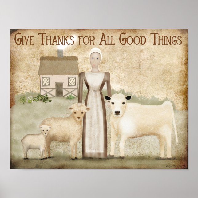 Poster Thanksgiving Folk Art Pilgrim hôtesse cadeau faveu (Devant)