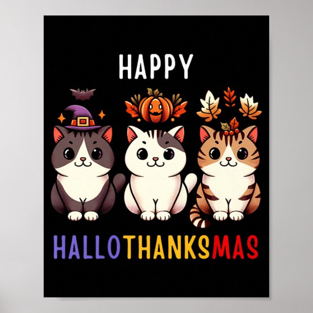 Poster Thanksgiving Halloween Noël Chats Happy Hallot (Devant)