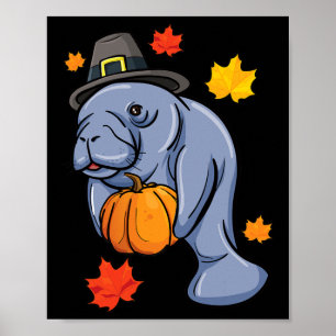 Poster Thanksgiving Manatee Pilgrim Fall Citrouille Dugon