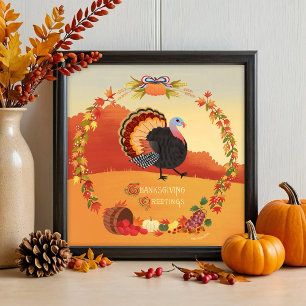 Poster Thanksgiving Turkey Fall Harvest Round Art Print