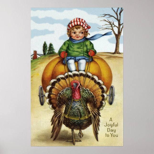 Poster Thanksgiving Turquie garçon équitation Citrouille (Devant)