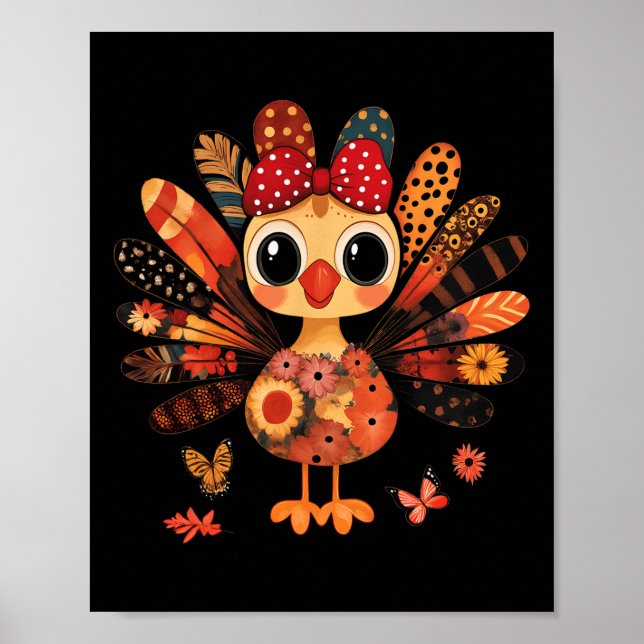 Poster Thanksgiving Turquie mignonne Coquette Bow Girl Wo (Devant)
