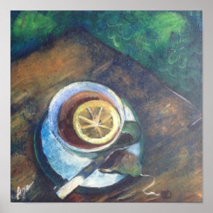 Poster thé dans une tasse au citron dans le jardin