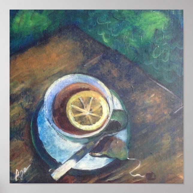 Poster thé dans une tasse au citron dans le jardin (Devant)