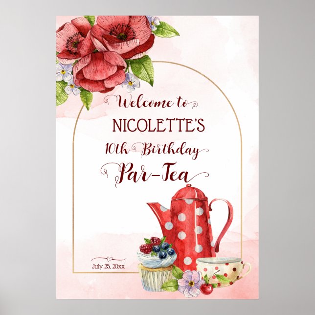 Poster Thé fête anniversaire pois thé signe de bienvenue (Devant)