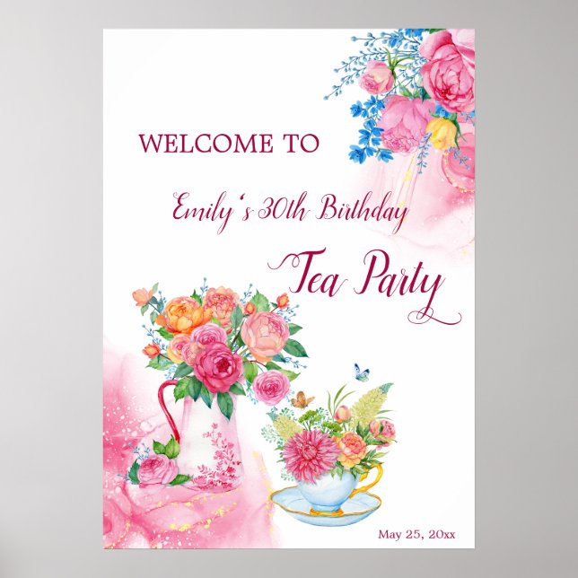 Poster Thé fête anniversaire tasse fleurs signe de bienve (Devant)