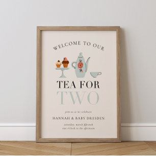 Poster Thé pour deux   Baby shower bleu Tea Party