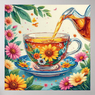 Poster Théière florale colorée avec infusion d'infusion d