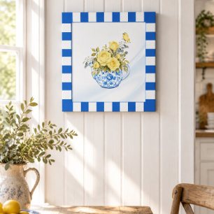 Poster Théière jaune rose bleu et blanc à bordure à carre