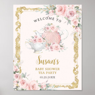 Poster Thème de thé floral rose pâle pour Baby Shower