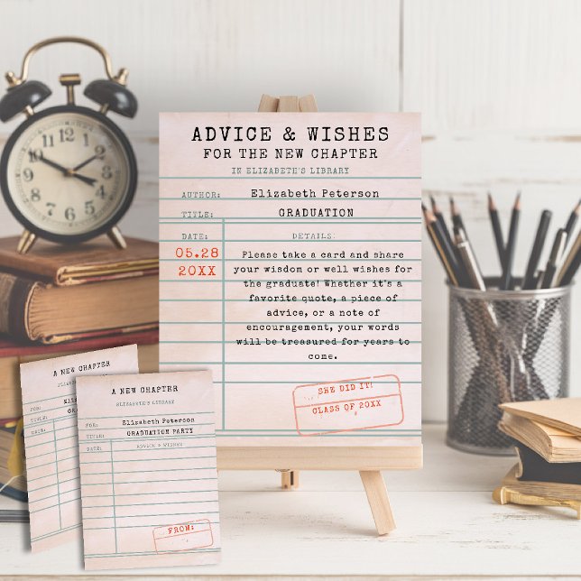 Poster Thème du livre Bibliothèque Carte Diplôme Conseils (graduation advice wishes sign vintage library card book bookish bookworm literature lover reader)