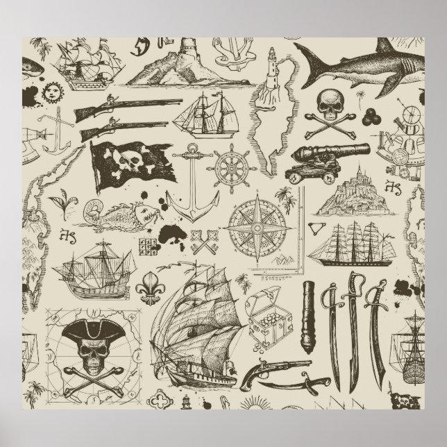 Poster Thème pirate : motif nautique vintage. (Devant)