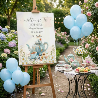 Poster Thème Tea Party Vintage Bleu Aquarelle Fille ou Ga