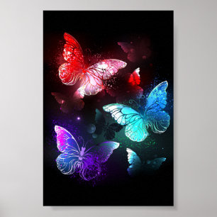 Poster Three Glowing Butterflies on night background