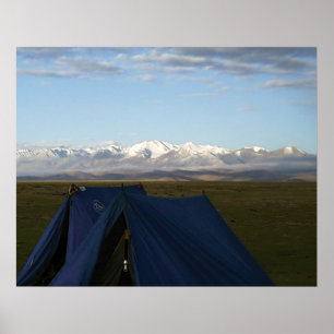 Poster Tibet Plateau Montagnes Tentes bleues sur l'herbe
