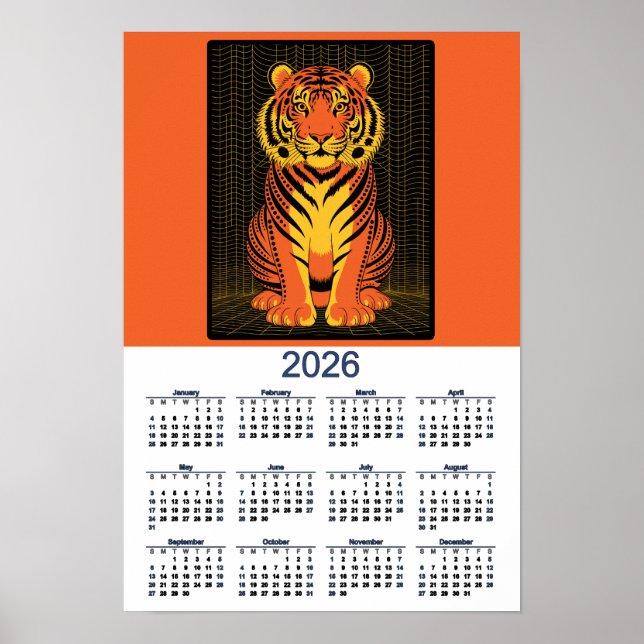 Poster Tiger Calendar Dramatic Orange  Black Tiger 2026 (Devant)