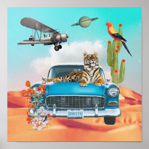 Poster Tiger Retro Car Desert Cactus Surreal Collections 