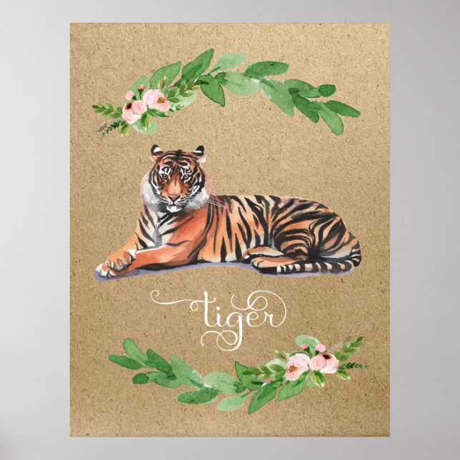 Poster Tiger safari imprimé de pépinière à fleurs roses (Devant)
