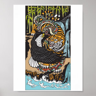 Poster Tigre, aigle et serpent combattent. Art graphique