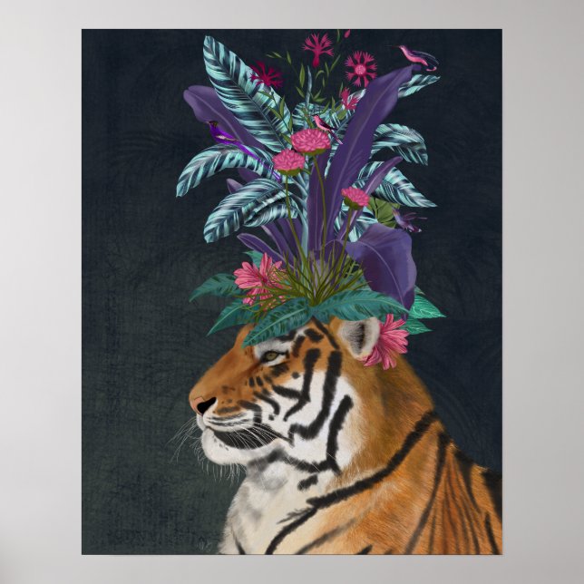 Poster Tigre avec tête tropicale (Devant)