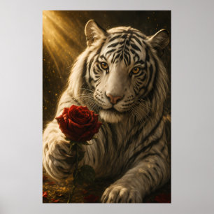 Poster Tigre Blanc avec rose rouge sous la lumière de la 