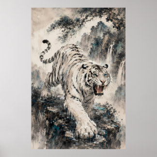Poster Tigre blanc rugissant sur une falaise de montagne