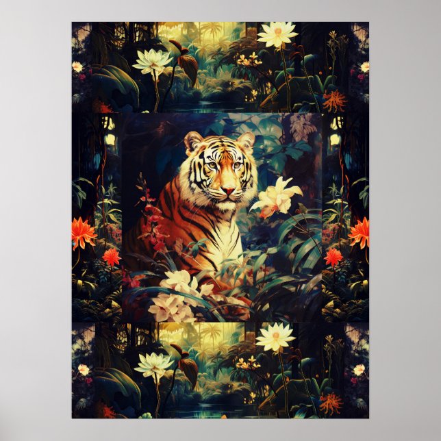 Poster Tigre Coloré Exotique Dans Collage D'Art Forestier (Devant)