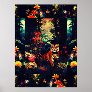 Poster Tigre Coloré Exotique Dans Collage D'Art Forestier