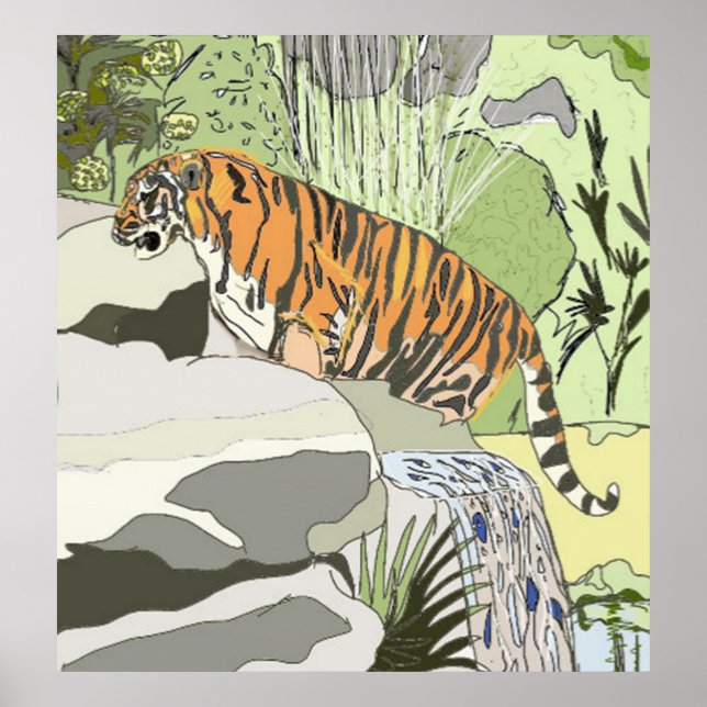 Poster Tigre dans une cascade (Devant)