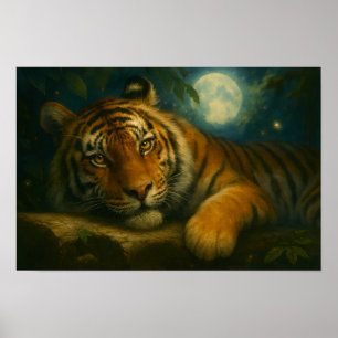 Poster Tigre d'aquarelle reposant dans la forêt nocturne