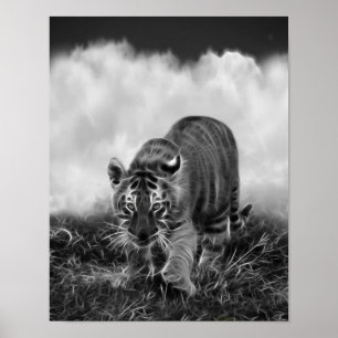 Poster Tigre de bébé égrappant en noir et blanc