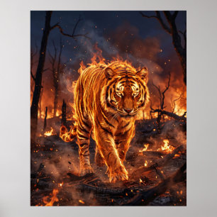 Poster Tigre de feu brûlant la nature sauvage