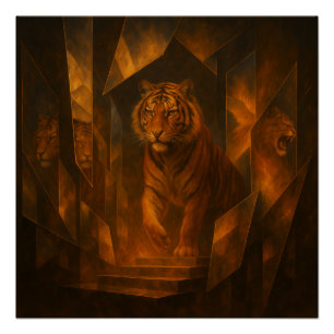 Poster Tigre de feu dans un labyrinthe de miroir brisé –