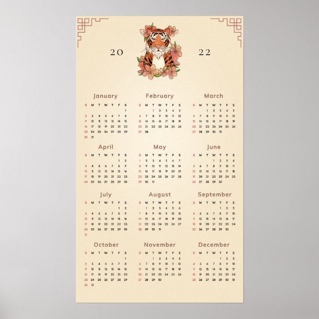 Poster Tigre floral chinois Nouvel An 2022 Calendrier sab (Devant)