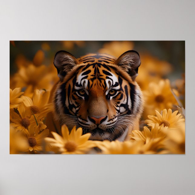 Poster Tigre majestueux au milieu de fleurs dorées généré (Devant)