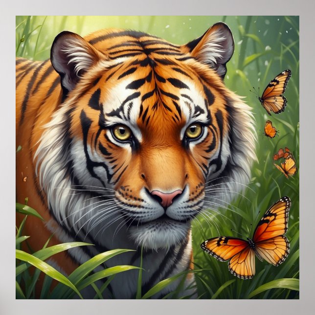 Poster Tigre majestueux avec papillons dans la jungle (Devant)