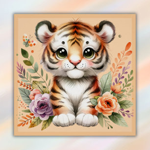 Poster Tigre mignon avec fleurs pour enfants  