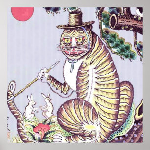 Poster Tigre Minhwa avec lapins et pipe