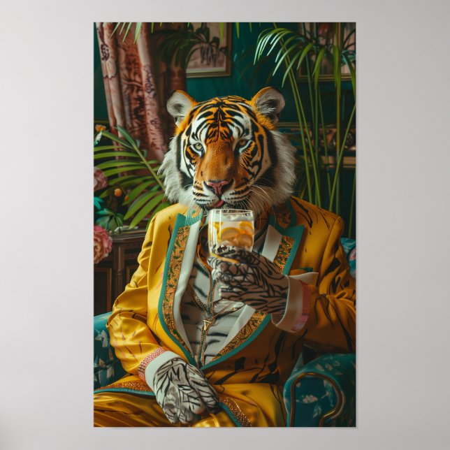 Poster Tigre unique habillé comme une personne buvant du  (Devant)