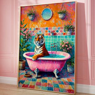 Poster Tigre Whimsical dans Baignoire rose Boho Art salle