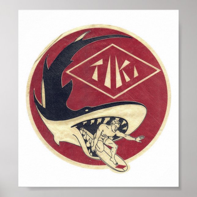 Poster Tiki Surf Shop avec Surfer&Shark sur un (Devant)