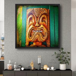 Poster "Tiki Time" Feu, Vintage, Rétro, Bois Tiki Face