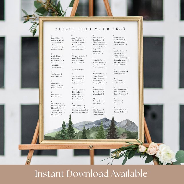 Poster Timberline | Alphabetical Wedding Seating Chart (Créateur téléchargé)