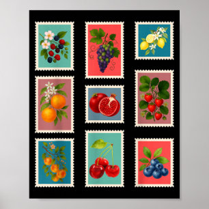 Poster Timbre de fruits d'été Timbre de fruits vintage
