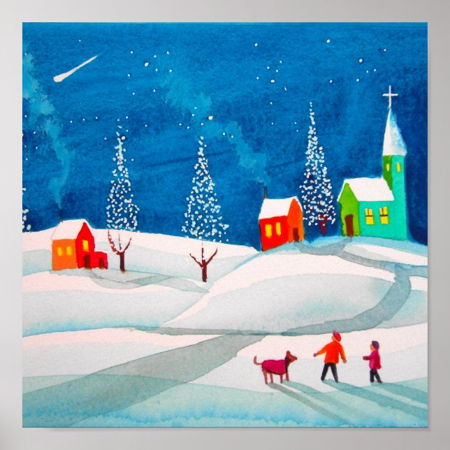 Poster Tir star folk art naïf scène de neige hivernale (Devant)