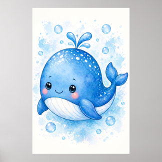 Poster Titre  Baleine bleue mignonne Art de nurserie à l'