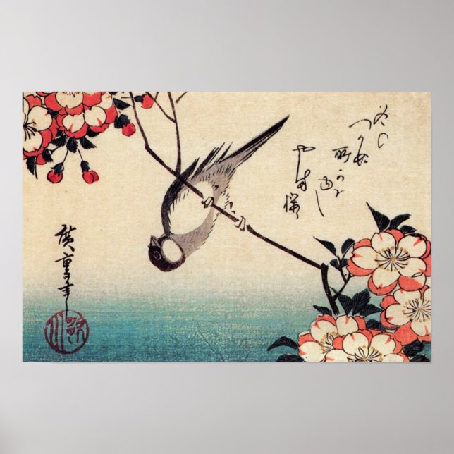 Poster Titsouris sur une branche de cerise, Hiroshige (Devant)