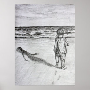 Poster Toddler sur la plage crayon dessin d'art Imprimer